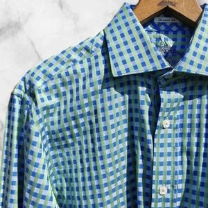 :L: Bugatchi Axel Shaped Fit Blue & Green Tonal Check Jacquard Mens Shirt.